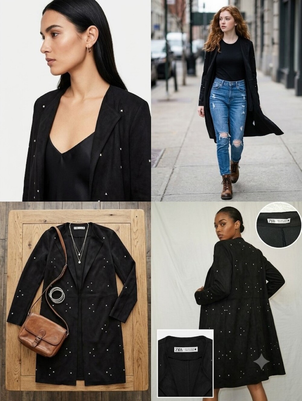 Zara Black Suede Long Trench Coat with Silver Studs - Picture 4 of 17